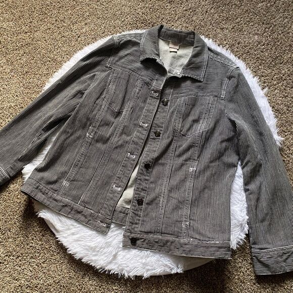 Chicos Striped Jean Jacket Button Front Black White Womens Size XL - Picture 1 of 16